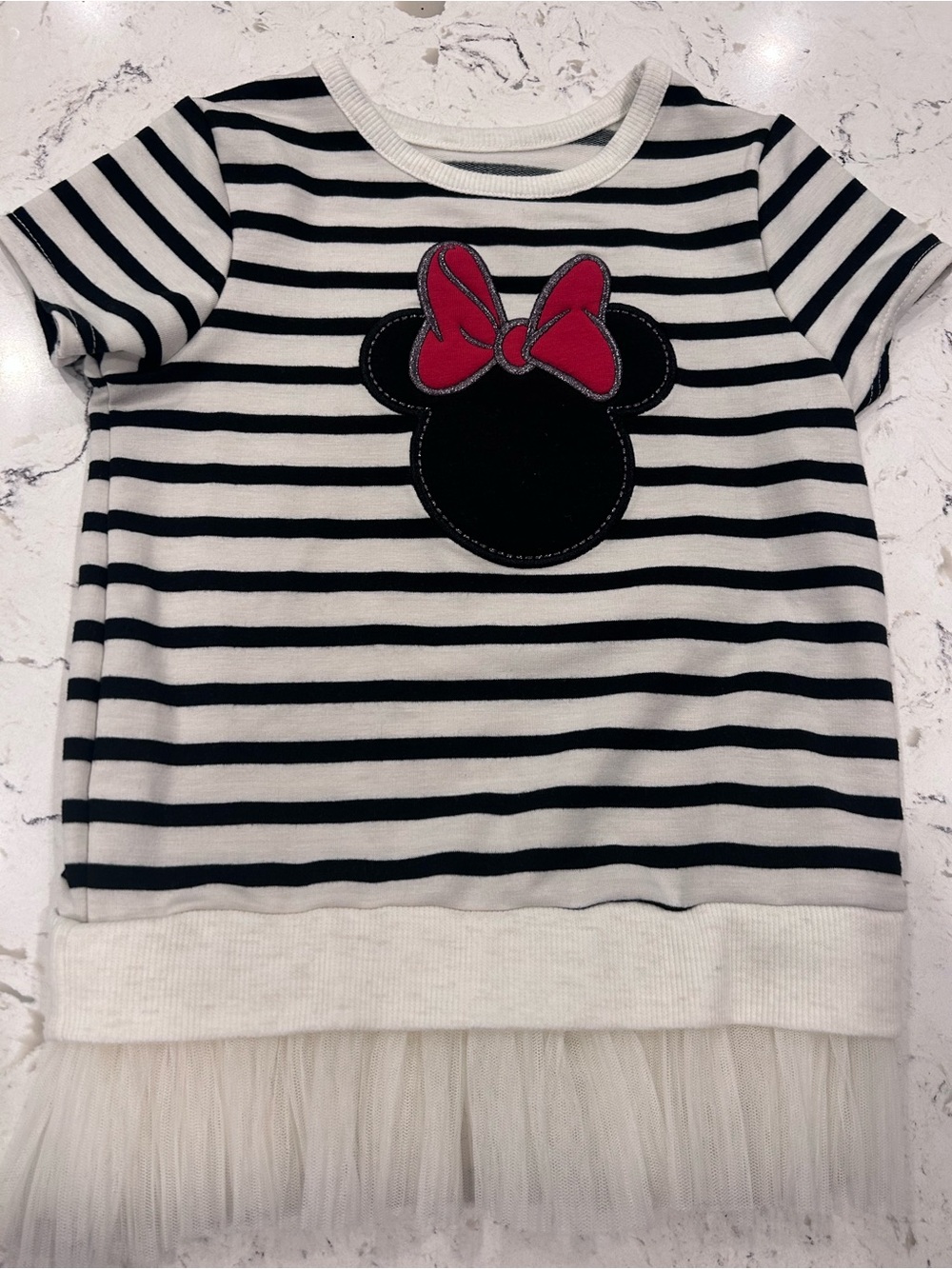 Disney Junior Minnie Mouse Girls' Black & White Striped Top with Pink Bow